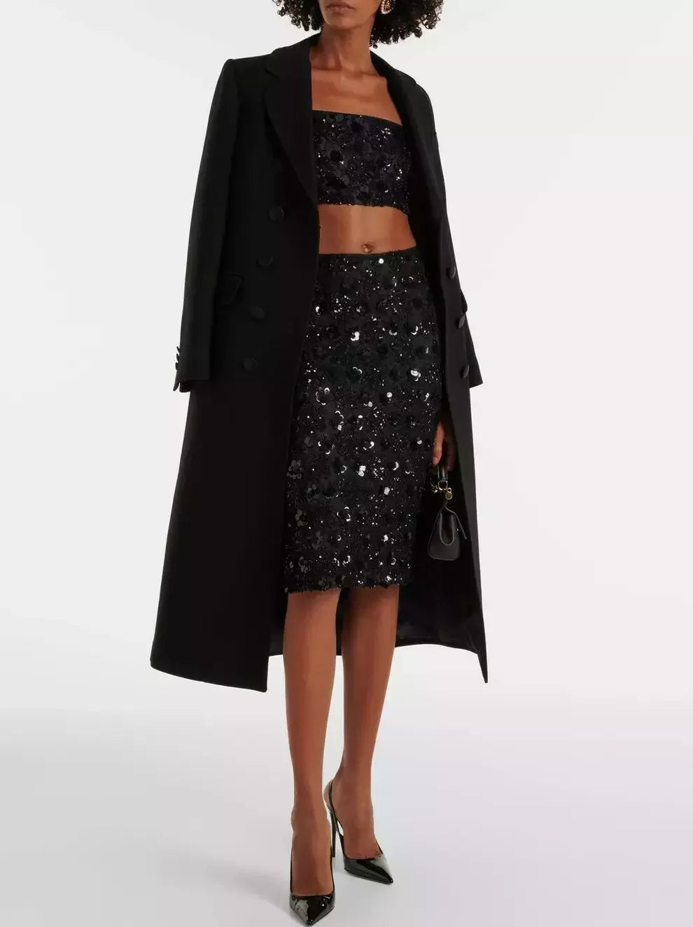 Black Sequined Sleeveless Bralette Top and Skirt Set - Suits & Sets