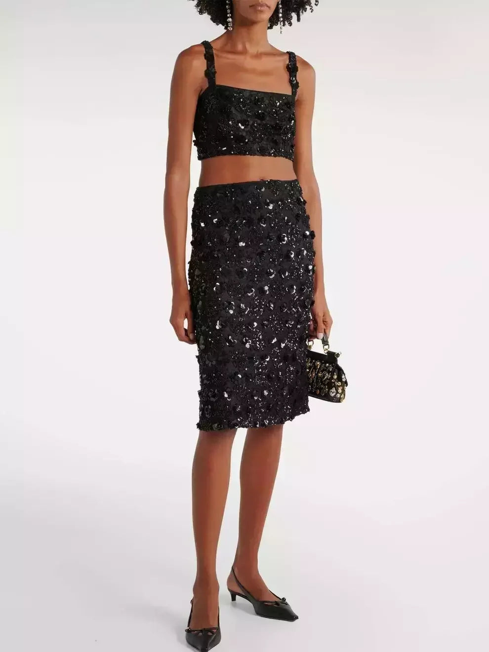Black Sequined Sleeveless Bralette Top and Skirt Set - Suits & Sets