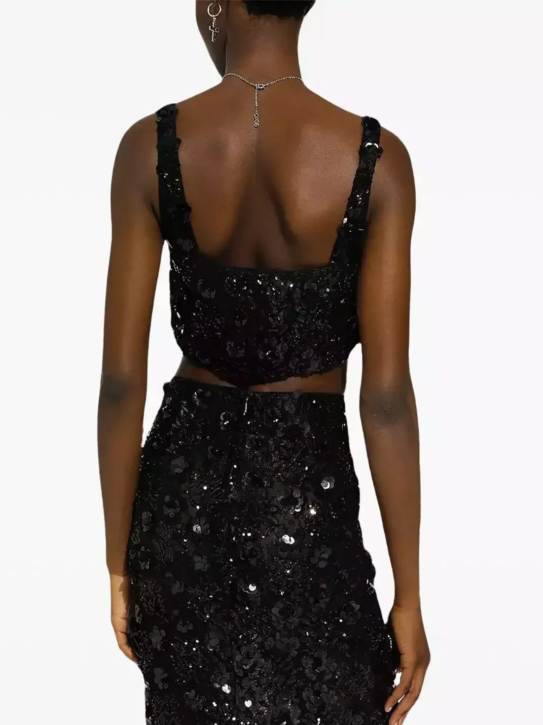 Black Sequined Sleeveless Bralette Top and Skirt Set - Suits & Sets