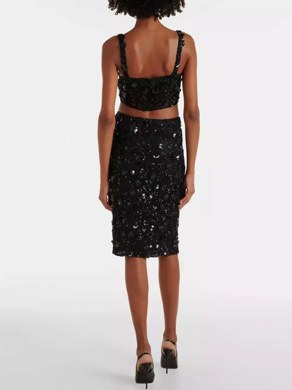 Black Sequined Sleeveless Bralette Top and Skirt Set - Suits & Sets