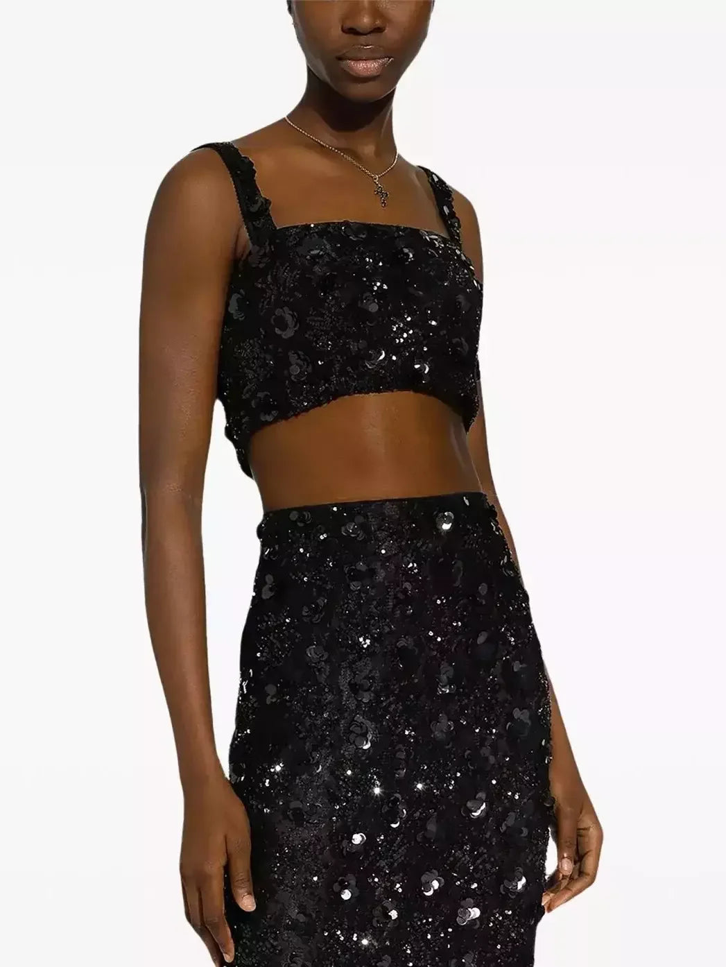 Black Sequined Sleeveless Bralette Top and Skirt Set - Suits & Sets