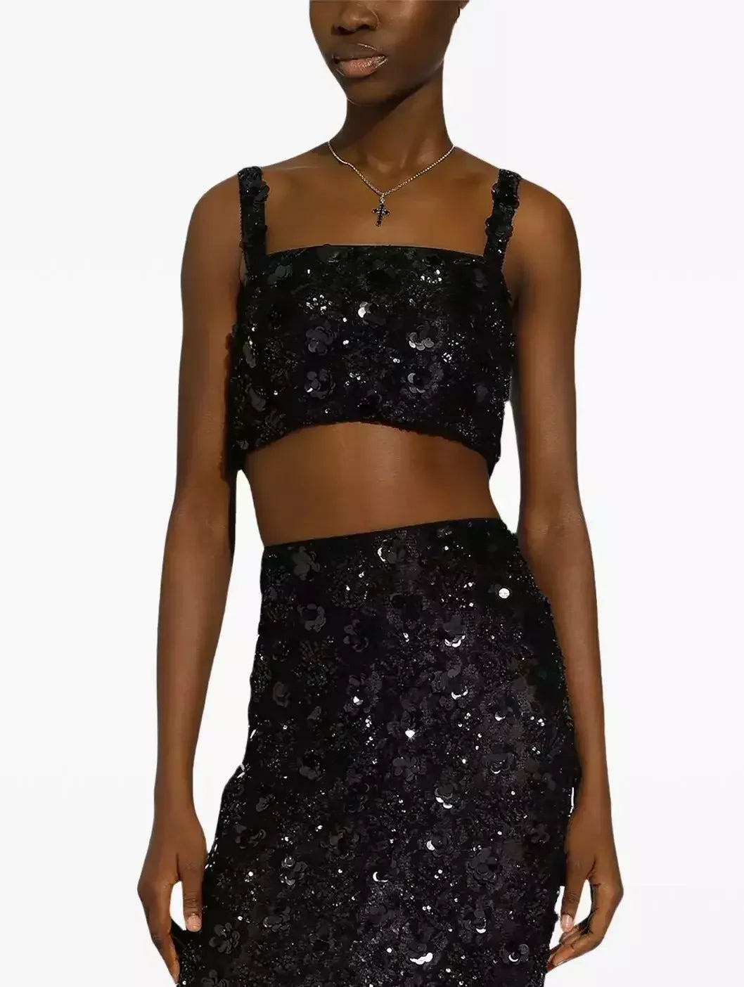 Black Sequined Sleeveless Bralette Top and Skirt Set - Suits & Sets