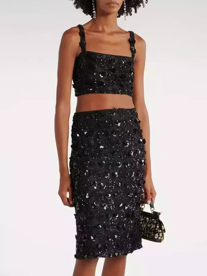 Black Sequined Sleeveless Bralette Top and Skirt Set - S - Suits & Sets
