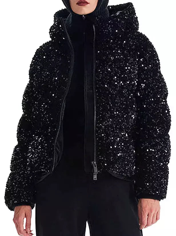 Black Sequined Velvet Hooded Puffer Jacket - Jackets