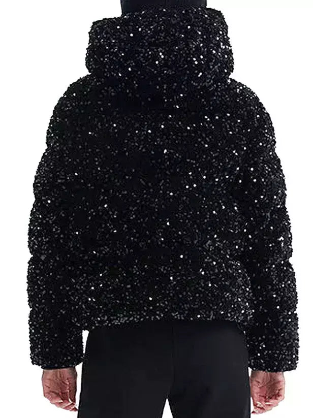 Black Sequined Velvet Hooded Puffer Jacket - Jackets