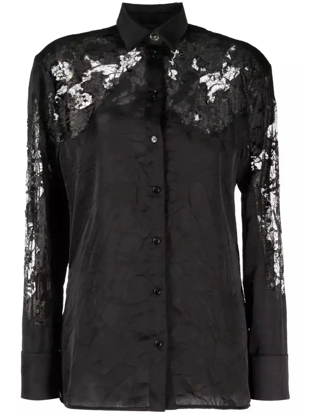 Black Sheer-Lace Crinkled Satin Shirt - Tops