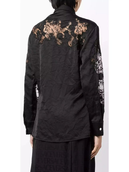 Black Sheer-Lace Crinkled Satin Shirt - Tops