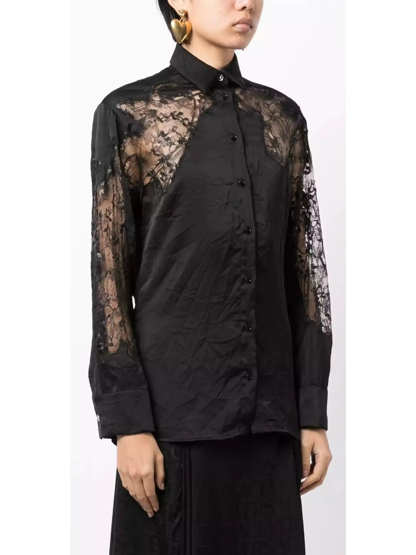 Black Sheer-Lace Crinkled Satin Shirt - Tops