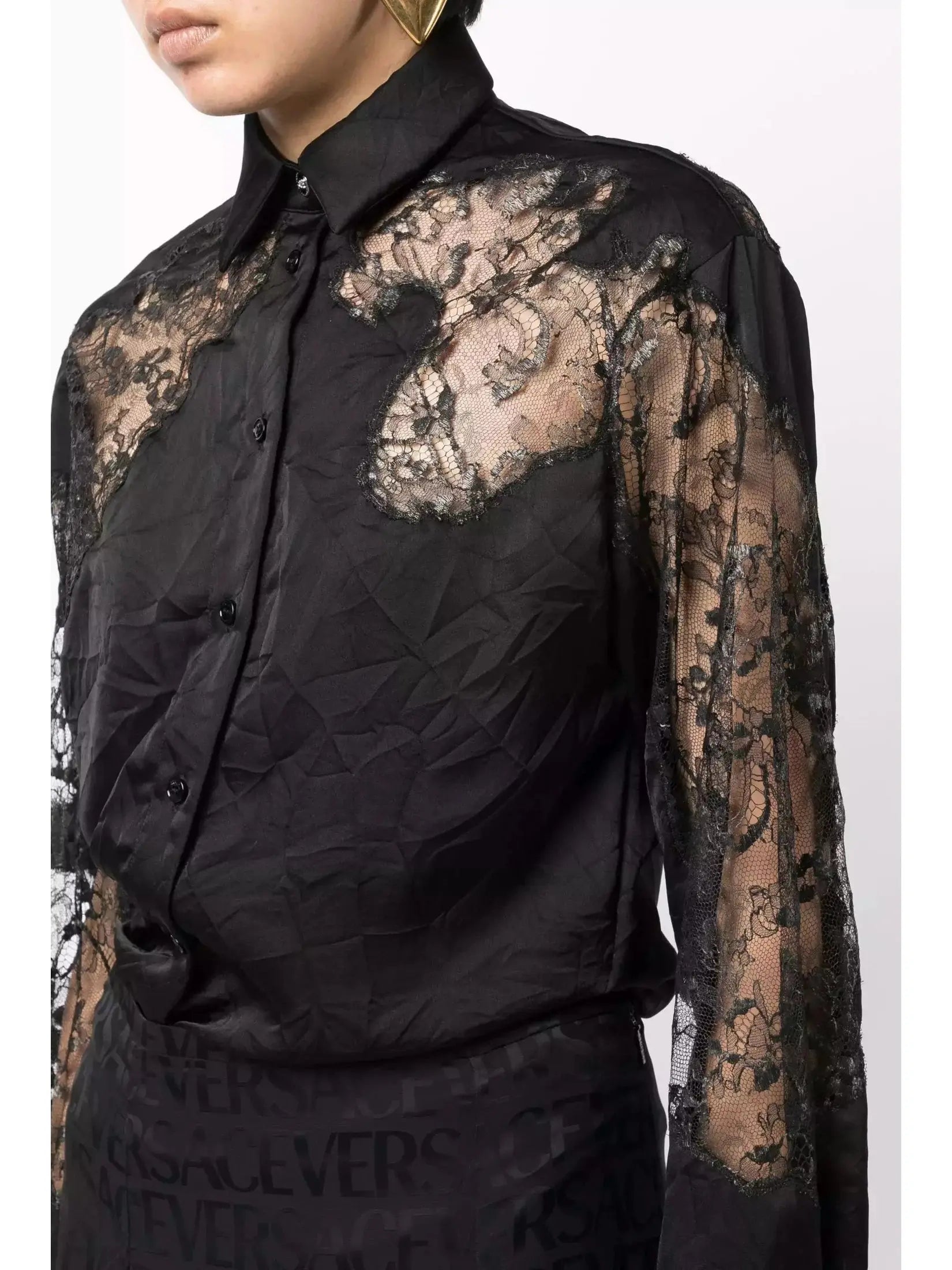 Black Sheer-Lace Crinkled Satin Shirt - Tops