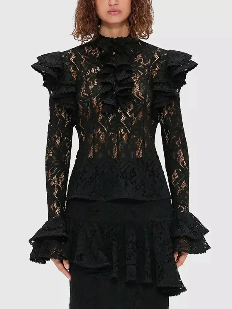 Black Sheer Lace Ruffled Blouse and Skirt Set - Suits & Sets