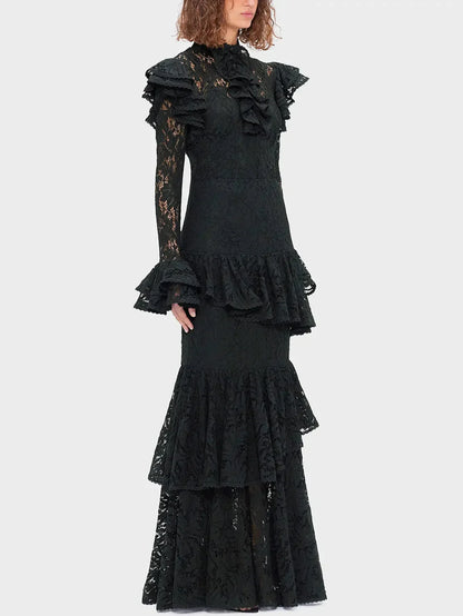 Black Sheer Lace Ruffled Blouse and Skirt Set - Suits & Sets