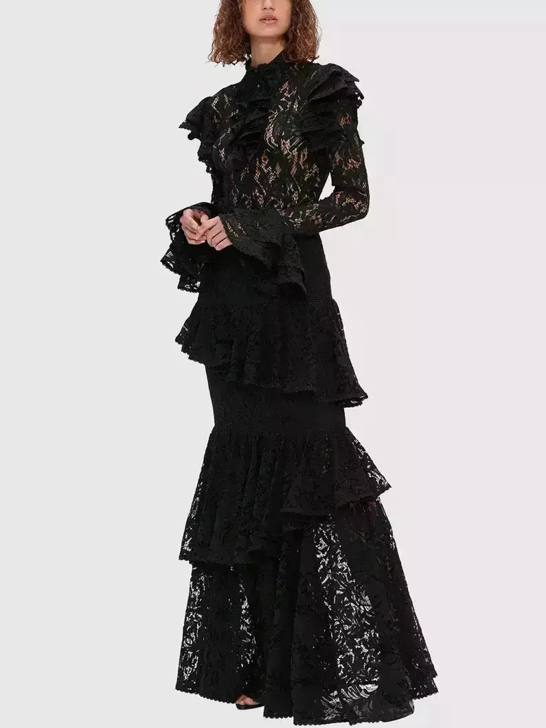 Black Sheer Lace Ruffled Blouse and Skirt Set - Suits & Sets