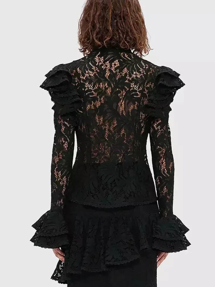 Black Sheer Lace Ruffled Blouse and Skirt Set - Suits & Sets