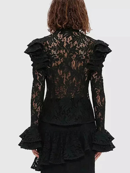 Black Sheer Lace Ruffled Blouse and Skirt Set - Suits & Sets