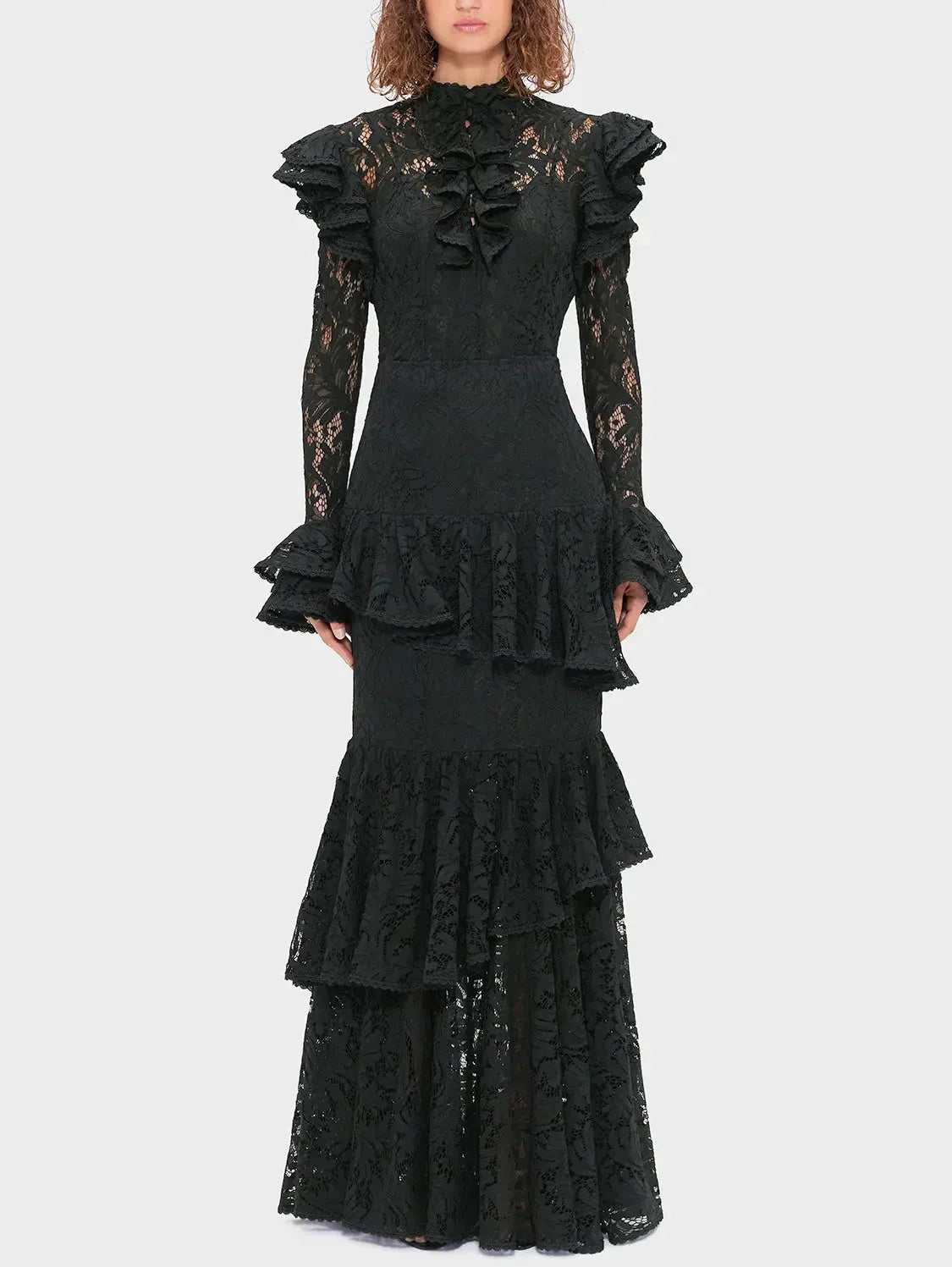 Black Sheer Lace Ruffled Blouse and Skirt Set - Suits & Sets