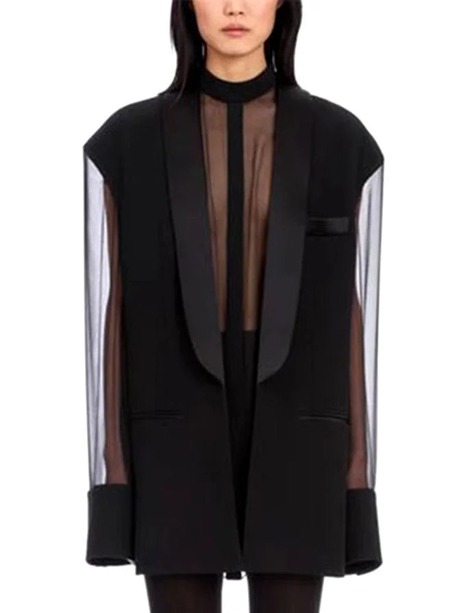 Black Sheer-Paneled Oversize Blazer Dress - Dresses