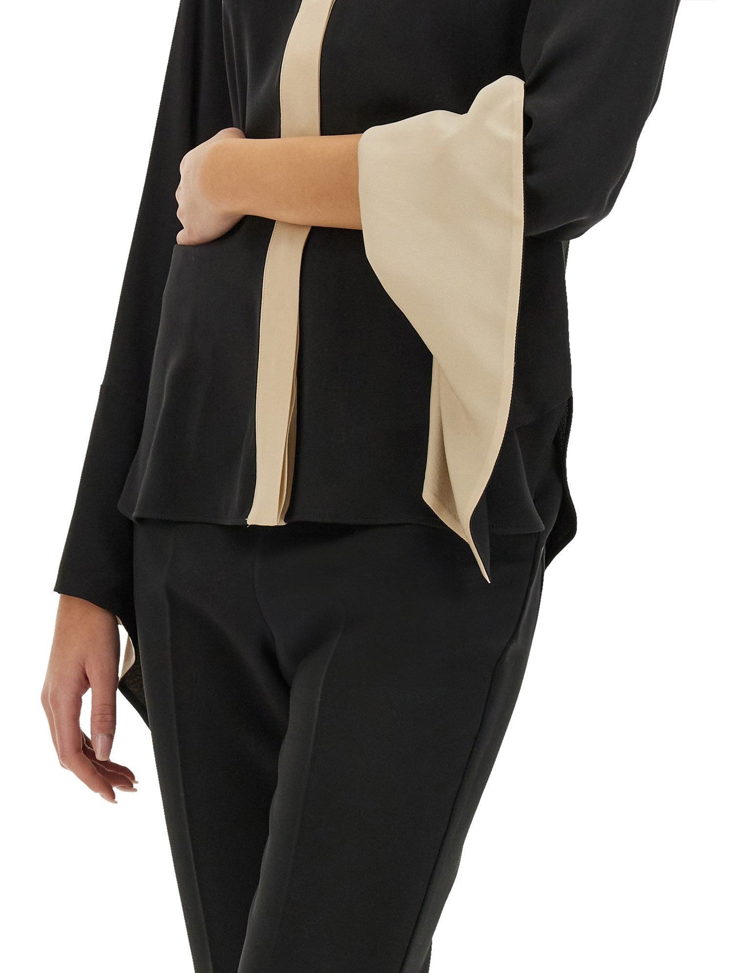 Black Silk Flared Sleeve Color-Contrast Shirt - Tops