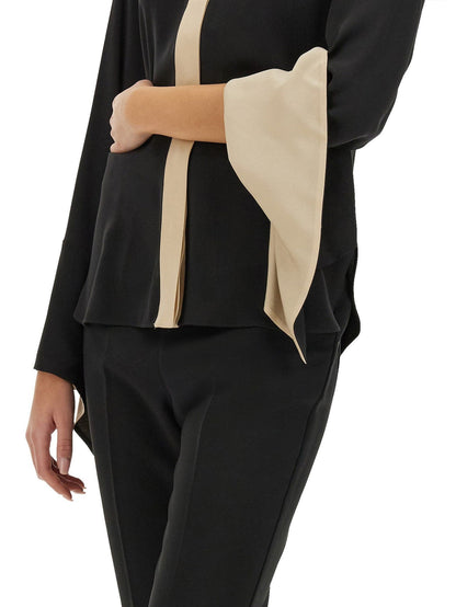 Black Silk Flared Sleeve Color-Contrast Shirt - Tops