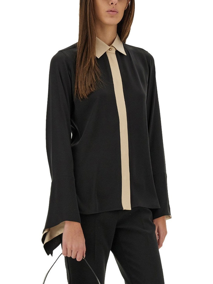 Black Silk Flared Sleeve Color-Contrast Shirt - Tops
