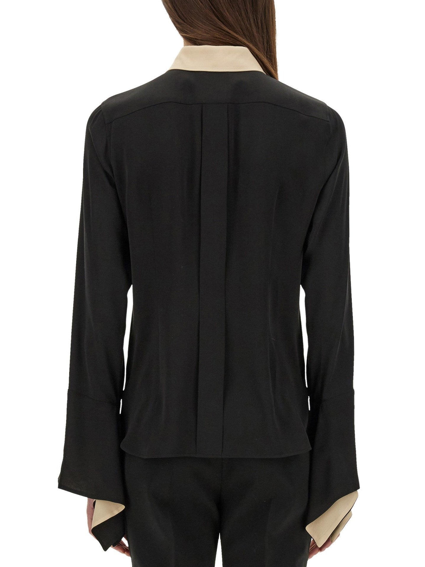 Black Silk Flared Sleeve Color-Contrast Shirt - Tops