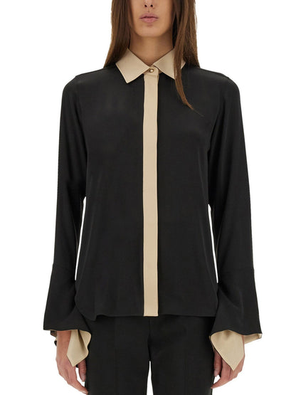 Black Silk Flared Sleeve Color-Contrast Shirt - Tops