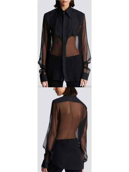 Black Silk Sheer Western Shirt - small - Tops