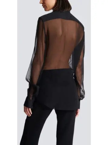 Black Silk Sheer Western Shirt - Tops