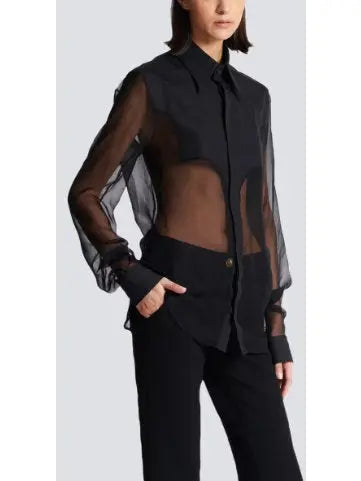 Black Silk Sheer Western Shirt - Tops