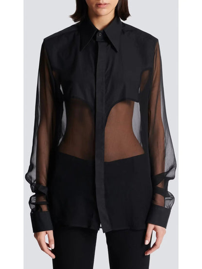 Black Silk Sheer Western Shirt - Tops