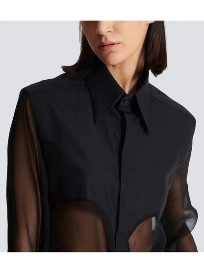 Black Silk Sheer Western Shirt - Tops