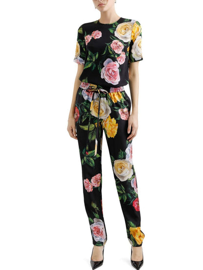 Floral print jumpsuit in Black Silk Top and Pant Set with Multicolor Rose Print design
