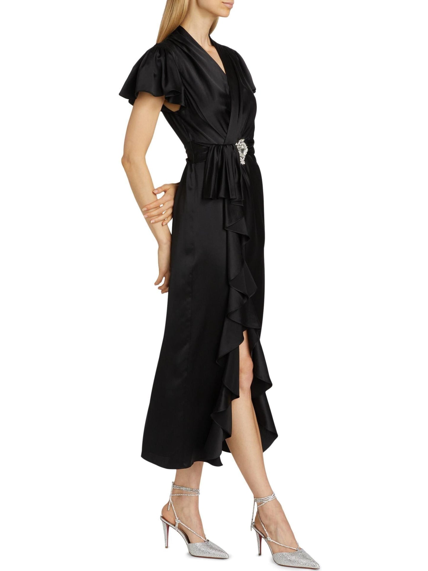 Black Silk Wrap Midi Dress - Dresses