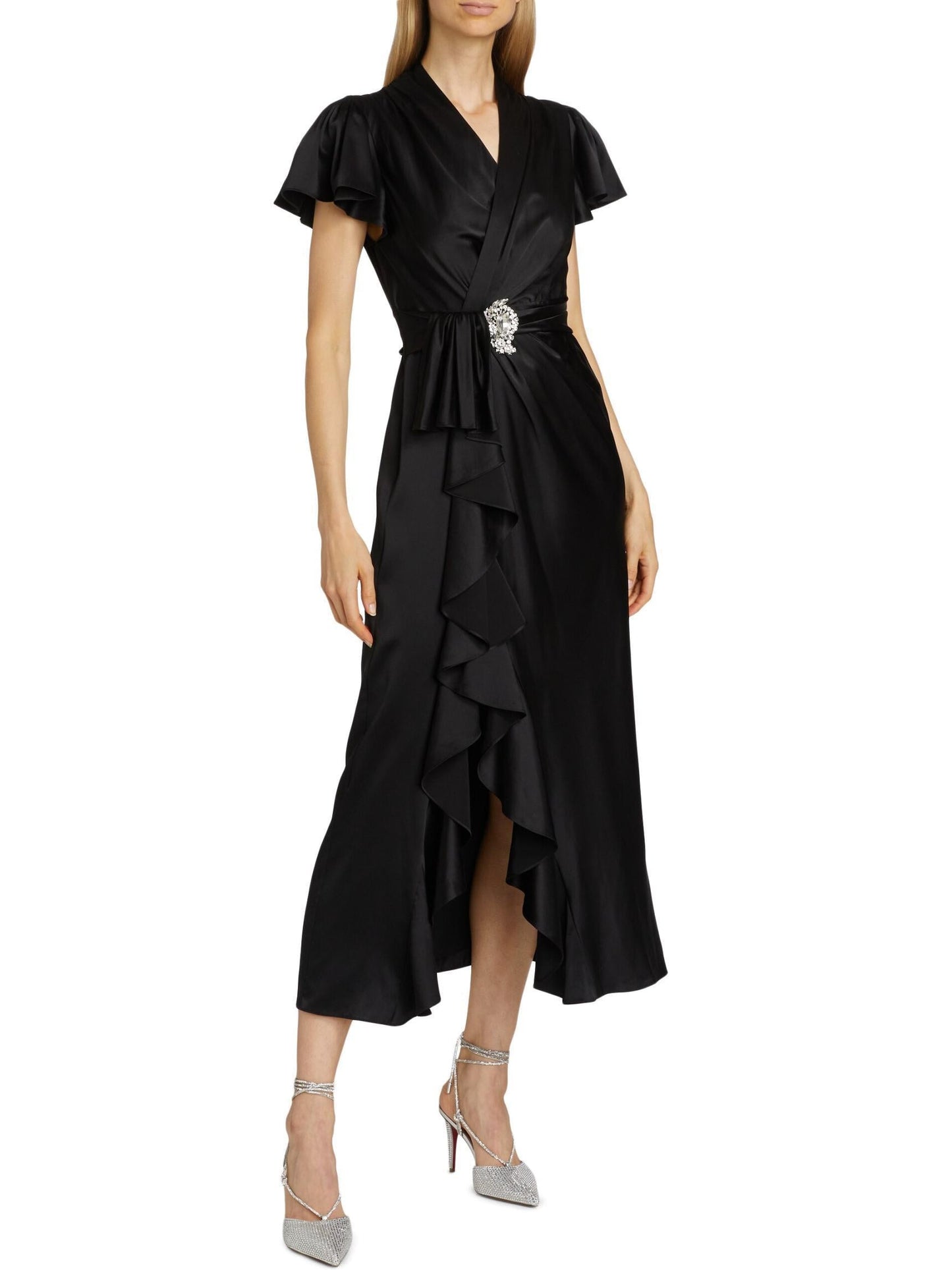 Black Silk Wrap Midi Dress - Dresses