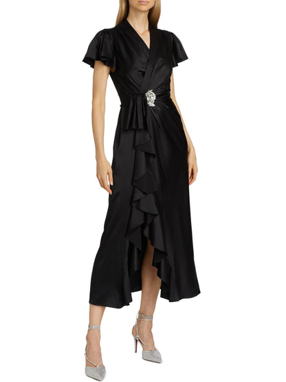 Black Silk Wrap Midi Dress - Dresses
