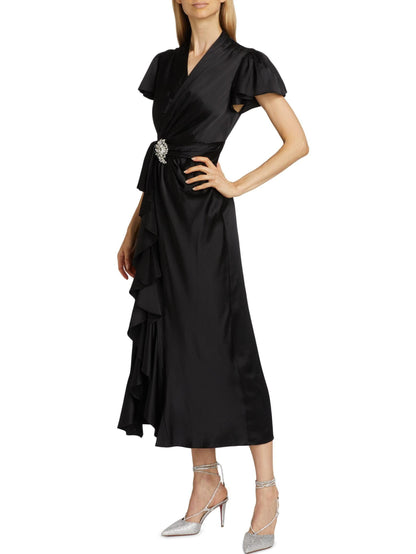Black Silk Wrap Midi Dress - Dresses