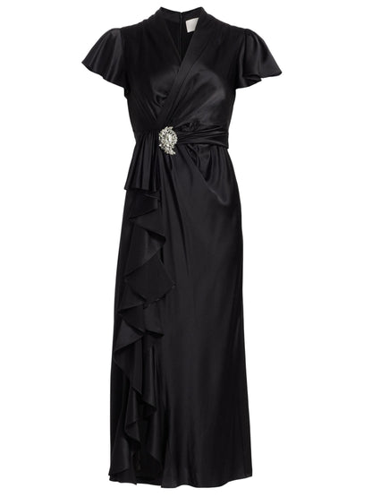Black Silk Wrap Midi Dress - S - Dresses