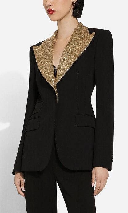 Black Single Breasted Blazer with Gold Sequin Collar - Jackets