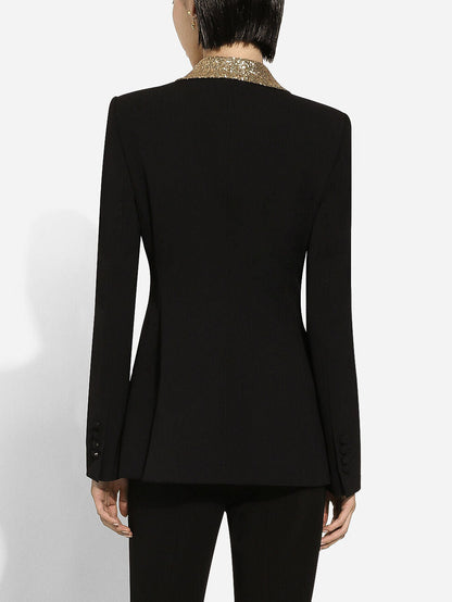 Black Single Breasted Blazer with Gold Sequin Collar - Jackets