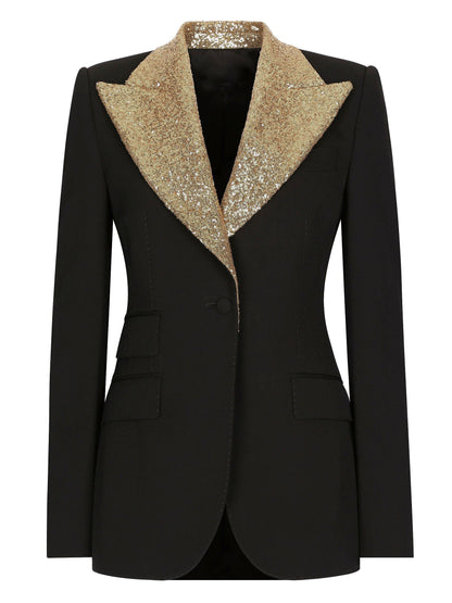 Black Single Breasted Blazer with Gold Sequin Collar - Jackets