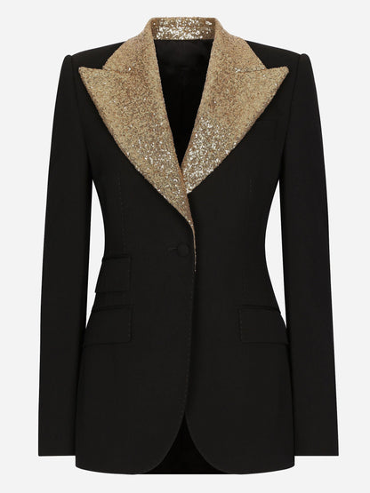 Black Single Breasted Blazer with Gold Sequin Collar - Jackets