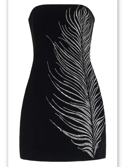 Black Strapless Beaded Feather-Embellished Mini Dress - Dresses