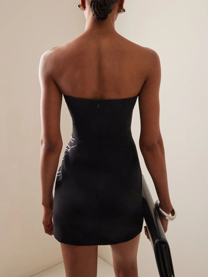 Black Strapless Beaded Feather-Embellished Mini Dress - Dresses