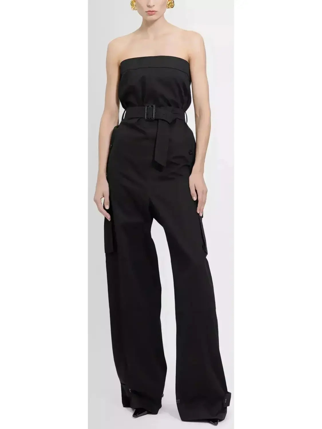 Black Strapless Jumpsuit in Cotton Drill