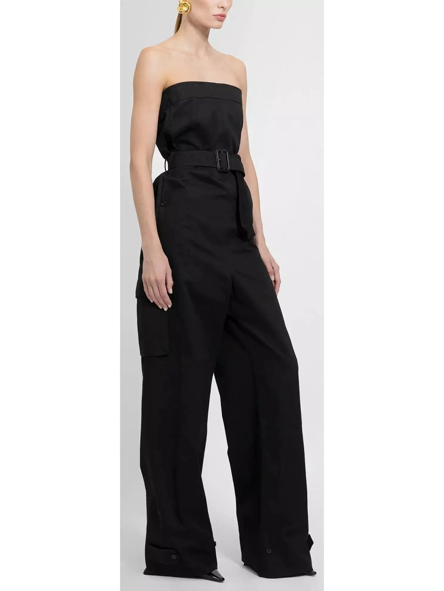 Black Strapless Jumpsuit in Cotton Drill - Suits & Sets