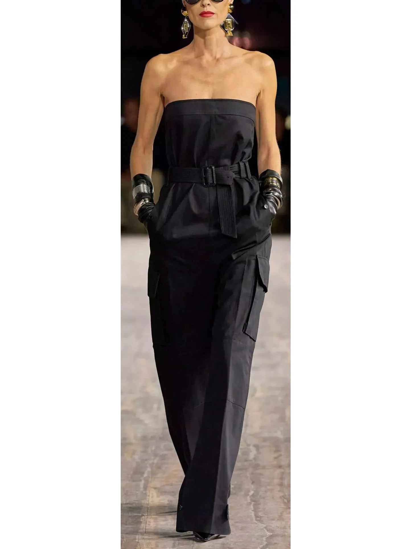 Black Strapless Jumpsuit in Cotton Drill - Suits & Sets