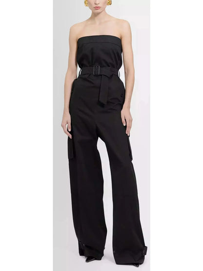 Black Strapless Jumpsuit in Cotton Drill - Suits & Sets