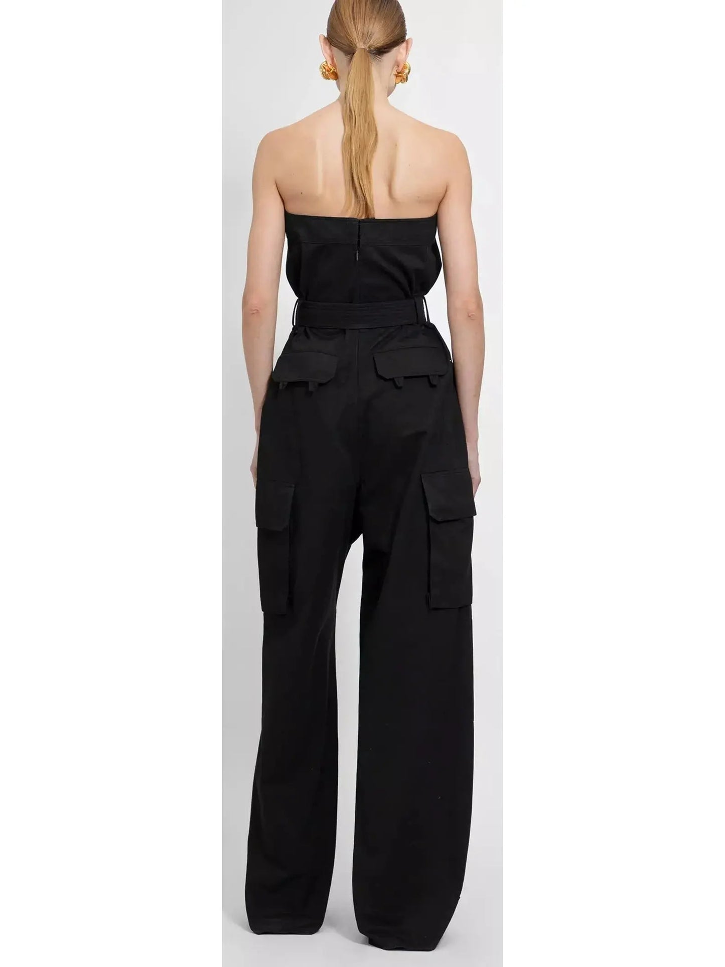 Black Strapless Jumpsuit in Cotton Drill - Suits & Sets