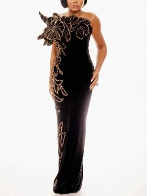 Black Strapless Long Gown with Gold Sequin Floral Appliques - Dresses