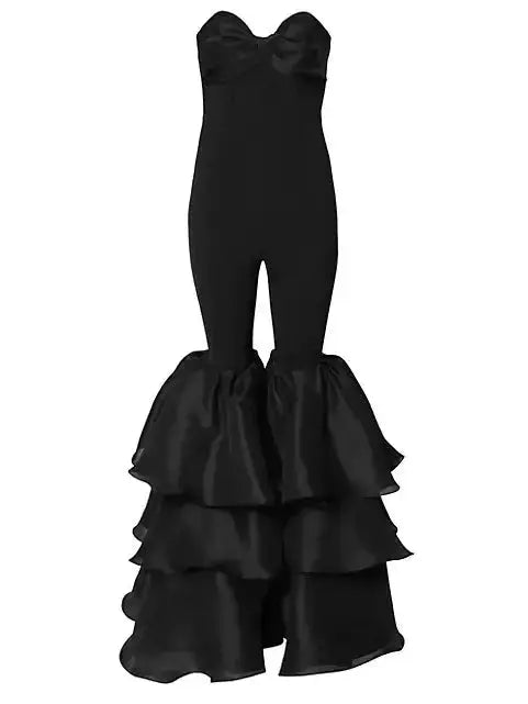 Black Strapless Ruffled-Leg Jumpsuit - Suits & Sets