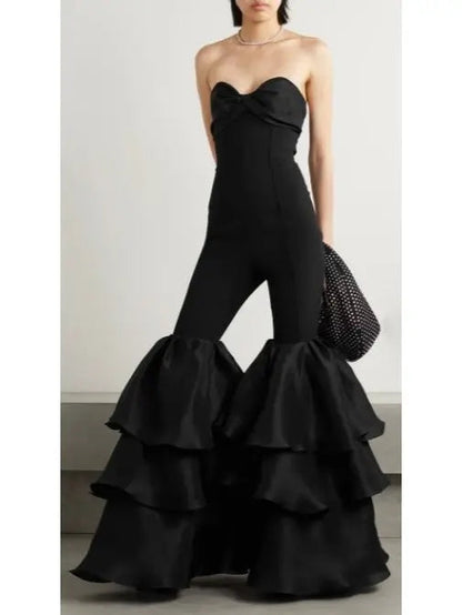 Black Strapless Ruffled-Leg Jumpsuit - Suits & Sets